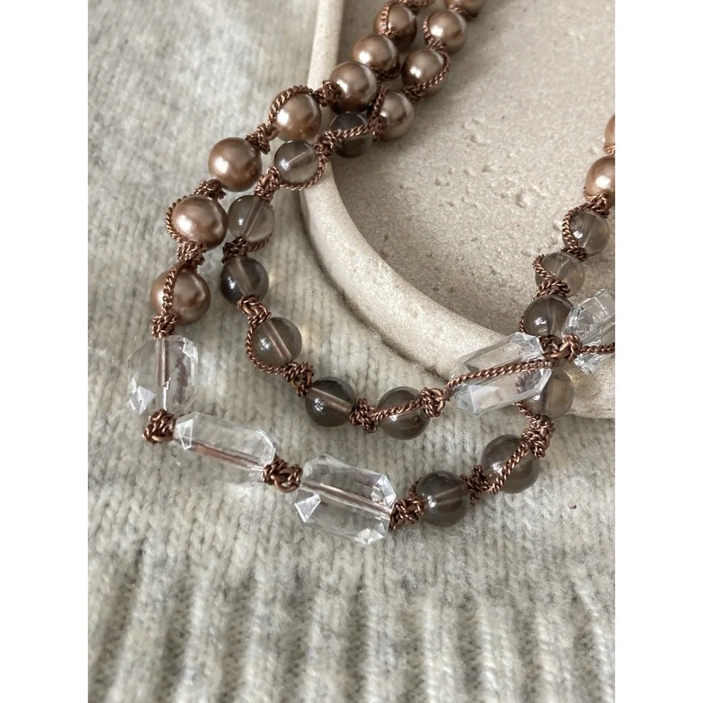 Copper Tone Multi Strand Beaded Necklace Faux Pearl Clear‎ Gray Beads Romantic